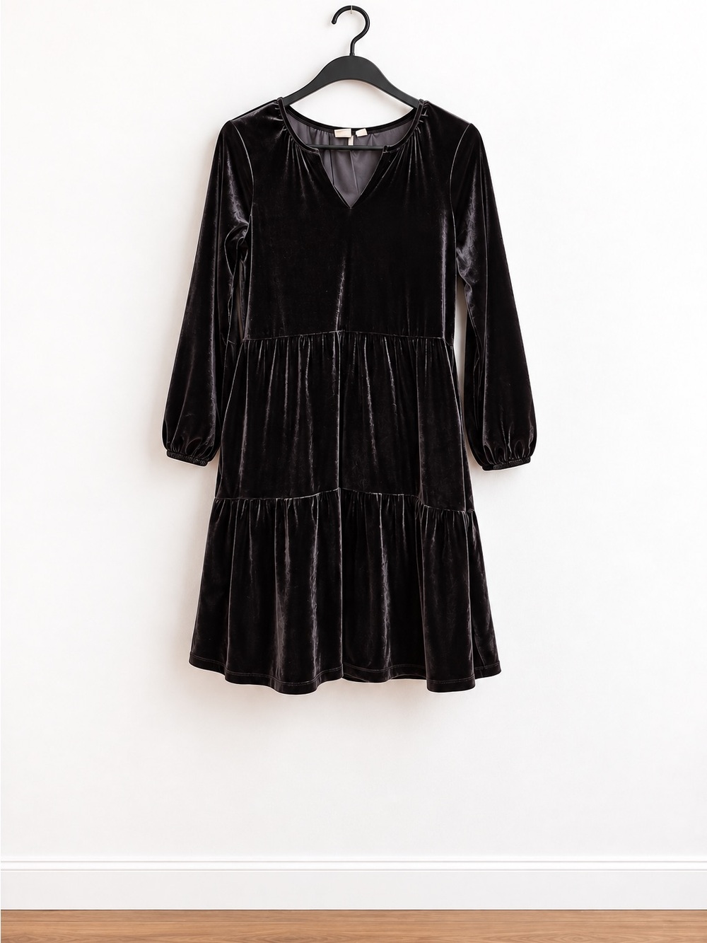 GAP Black Velvet Tiered Long-Sleeve Dress